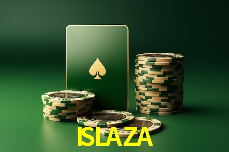 Una escena digital vívida inspirada en casino con ISLAZA mostrado prominentemente, luces brillantes, fichas, cartas y acentos dorados.
