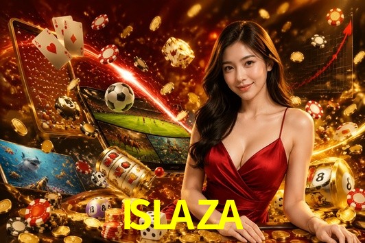 Escena dinámica inspirada en casino con iluminación ISLAZA, cartas, fichas e íconos de juegos digitales en un espacio moderno de juegos.